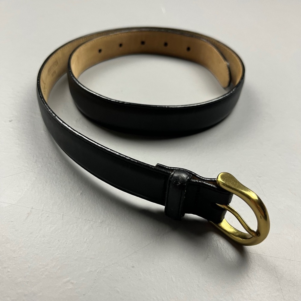 VTG Lands End Leather Belt Womens 30 Black Gold Buckle Skinny Made in USA 58312